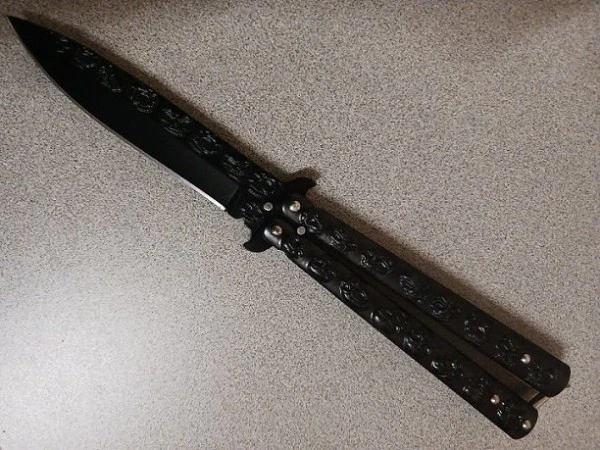 5" Black Skulls Heavy Butterfly Knife Drop Point Balisong 3 5" Black Skulls Heavy Butterfly Knife Drop Point Balisong
