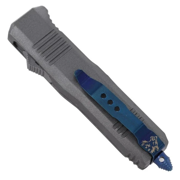 6.75" Mini Ranger D/A OTF Gray Automatic Knife Blue Damascus Dagger 5 6.75" Mini Ranger D/A OTF Gray Automatic Knife Blue Damascus Dagger - Image 3