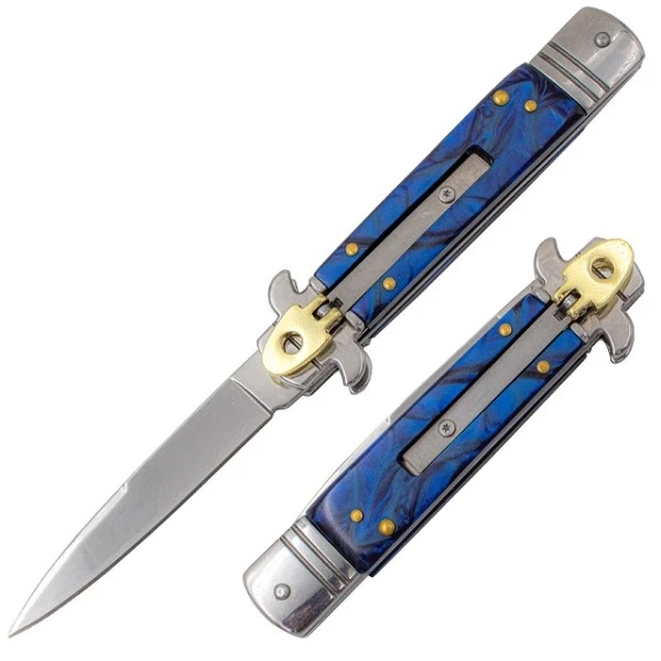 7" Blue Pearl Leverlock Automatic Knife Brass Satin Bayo 3 7" Blue Pearl Leverlock Automatic Knife Brass Satin Bayo