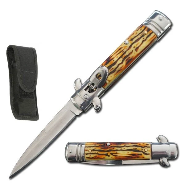 7.5" Stag Leverlock Automatic Knife Satin Bayo 3 7.5" Stag Leverlock Automatic Knife Satin Bayo