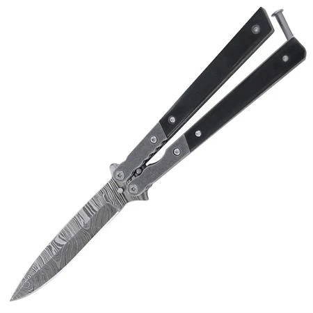 8.75 Inch Black Stone Wash Butterfly Knife Balisong Damascus Drop Point 3 8.75 Inch Black Stone Wash Butterfly Knife Balisong Damascus Drop Point