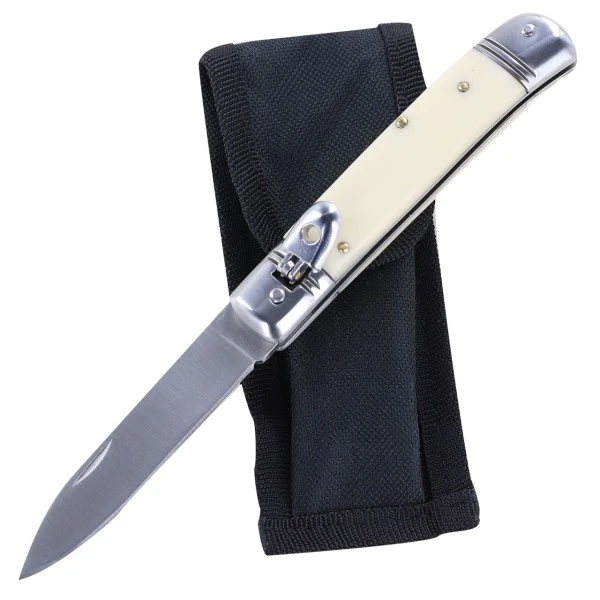 8" Classic White ABS Leverlock Automatic Knife Flat Grind Drop Point 5 8" Classic White ABS Leverlock Automatic Knife Flat Grind Drop Point - Image 3