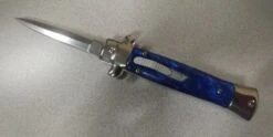 9 Inch Blue Pearl D/A OTF Stiletto Automatic Knife Satin Dagger