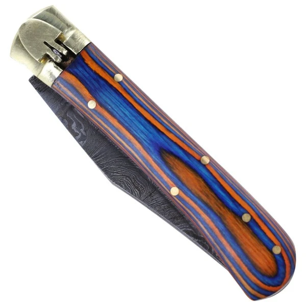 9" Damascus Leverlock Blue Red Wood Automatic Knife Clip Point 4 9" Damascus Leverlock Blue Red Wood Automatic Knife Clip Point - Image 2