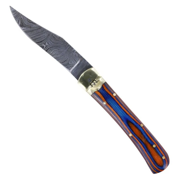 9" Damascus Leverlock Blue Red Wood Automatic Knife Clip Point 3 9" Damascus Leverlock Blue Red Wood Automatic Knife Clip Point