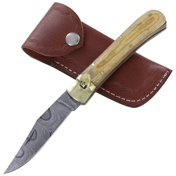 9" Leverlock Damascus Bright Wood Automatic Knife File Work 4 9" Leverlock Damascus Bright Wood Automatic Knife File Work - Image 2