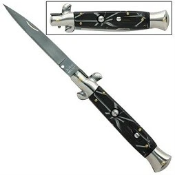 9.5" Black Marble Stiletto Automatic Knife Side Opening 3 9.5" Black Marble Stiletto Automatic Knife Side Opening