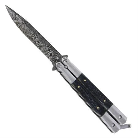 8.75" Butterfly Knife Black Balisong Damascus Bayo 3 8.75" Butterfly Knife Black Balisong Damascus Bayo