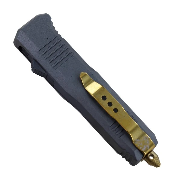 Damascus 6.75" Mini Ranger D/A OTF Gray Automatic Knife Gold Drop Point 4 Damascus 6.75" Mini Ranger D/A OTF Gray Automatic Knife Gold Drop Point - Image 2