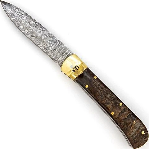 Damascus Automatic Lever Lock Knife Ram Horn 3 Damascus Automatic Lever Lock Knife Ram Horn