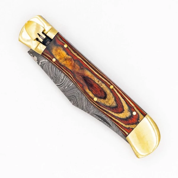 Damascus Burning Wood Leverlock Automatic Knife Clip Point 4 Damascus Burning Wood Leverlock Automatic Knife Clip Point - Image 2