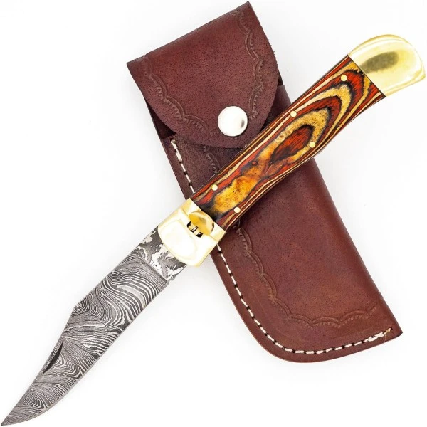 Damascus Burning Wood Leverlock Automatic Knife Clip Point 3 Damascus Burning Wood Leverlock Automatic Knife Clip Point
