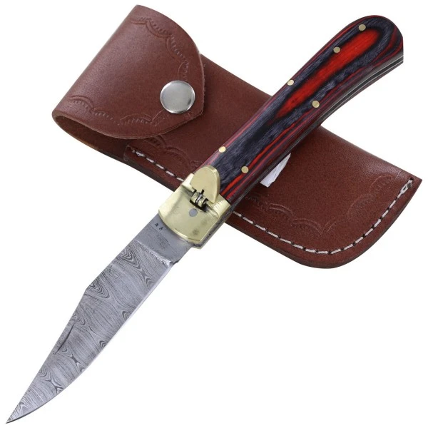 Damascus Red Wood Leverlock Automatic Knife File Work 3 Damascus Red Wood Leverlock Automatic Knife File Work