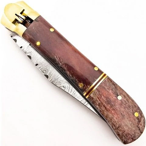 Damascus Wine Red Bone Leverlock Automatic Knife Clip Point 5 Damascus Wine Red Bone Leverlock Automatic Knife Clip Point - Image 3