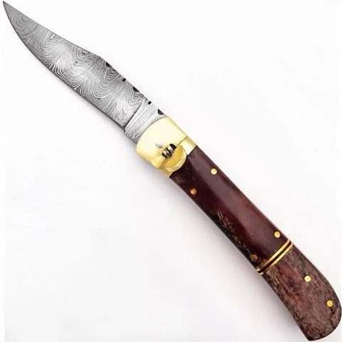 Damascus Wine Red Bone Leverlock Automatic Knife Clip Point 3 Damascus Wine Red Bone Leverlock Automatic Knife Clip Point