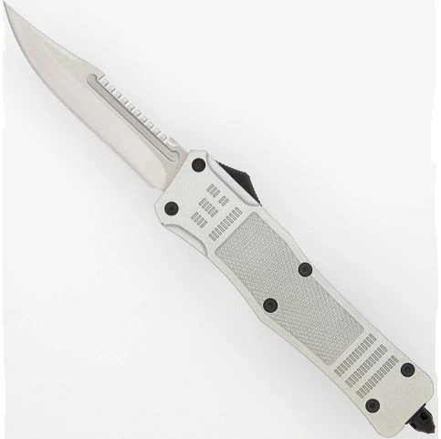 Delta Force Silver D/A OTF Automatic Knife Drop Point Spine Serrated 3 Delta Force Silver D/A OTF Automatic Knife Drop Point Spine Serrated