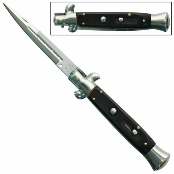 9.5" Black Stiletto Automatic Knife Holes Bayo Switchblade 3 9.5" Black Stiletto Automatic Knife Holes Bayo Switchblade