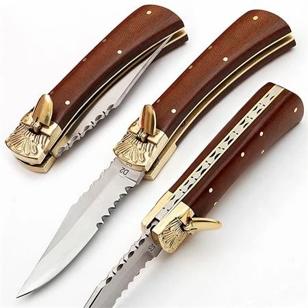 8.25" File Work Brown Wood Serrated Leverlock Automatic Knife 3 8.25" File Work Brown Wood Serrated Leverlock Automatic Knife