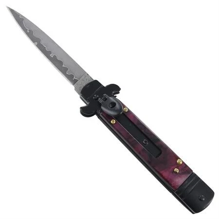 Lever Lock Purple Marble Automatic Switchblade Knife Damascus Flat Grind 3 Lever Lock Purple Marble Automatic Switchblade Knife Damascus Flat Grind
