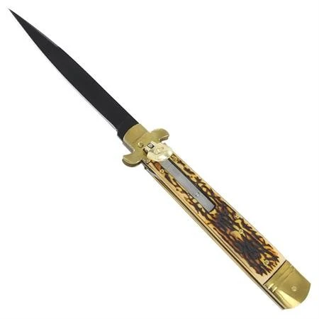 9" Leverlock Stag Automatic Knife Black Blade 3 9" Leverlock Stag Automatic Knife Black Blade