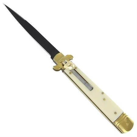 9" Leverlock White Automatic Knife Black Blade 3 9" Leverlock White Automatic Knife Black Blade