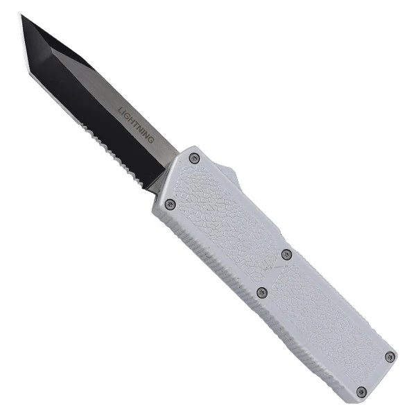 Lightning Model 3 Silver D/A OTF Automatic Knife Two Tone Tanto Serrated 3 Lightning Model 3 Silver D/A OTF Automatic Knife Two Tone Tanto Serrated